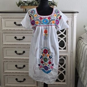 Mexican Colorful Embroidered White Dress